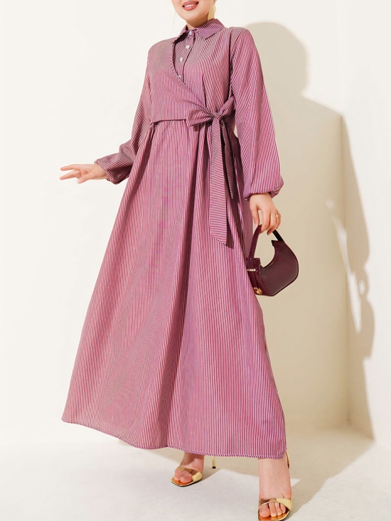 MODA NEVA Dresses & Skirts - Modest Striped Wrap-Tie Maxi Shirt Dress – Burgundy